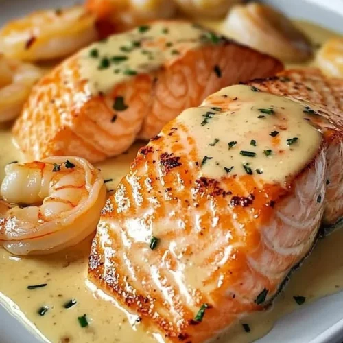 Delicious Salmon and Shrimp in Creamy Garlic Sauce served on a plate