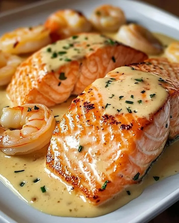 Delicious Salmon and Shrimp in Creamy Garlic Sauce served on a plate