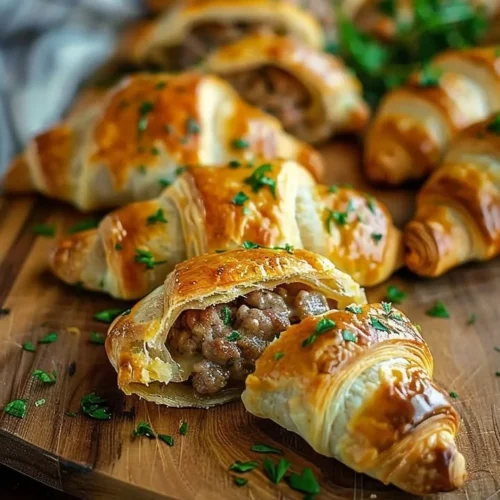 Plate of sausage cream cheese crescents baked to golden perfection.
