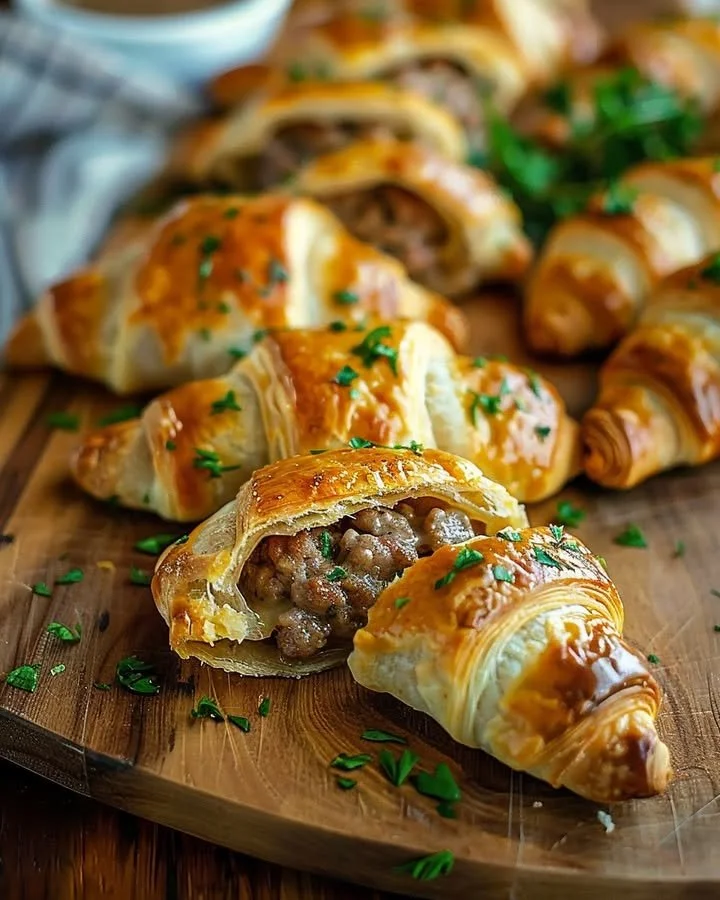Plate of sausage cream cheese crescents baked to golden perfection.