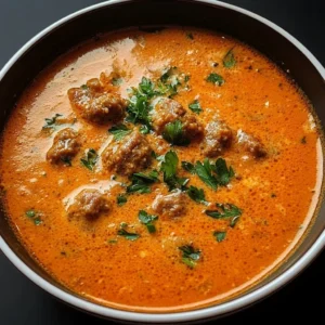 Bowl of Sausage Tomato Cream Cheese Soup garnished with herbs