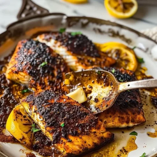 Plate of savory blackened cod with spices and herbs