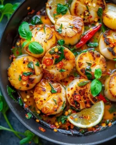 Plate of scallops with Thai basil and chili garnished with fresh herbs