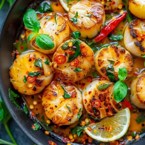 Plate of scallops with Thai basil and chili garnished with fresh herbs