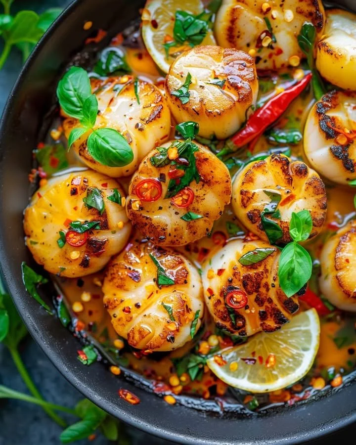 Plate of scallops with Thai basil and chili garnished with fresh herbs
