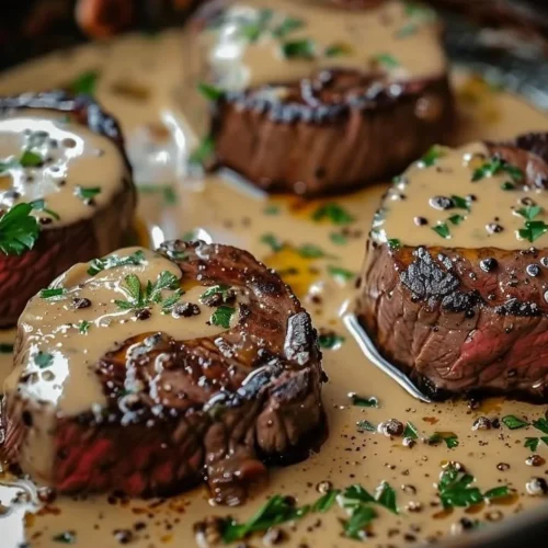 Seared filet mignon served with shallot peppercorn cream sauce on a plate.