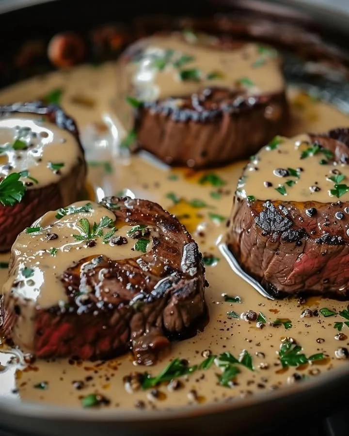 Seared filet mignon served with shallot peppercorn cream sauce on a plate.