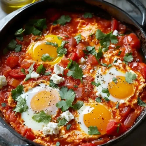 Delicious shakshuka with feta cheese served in a skillet