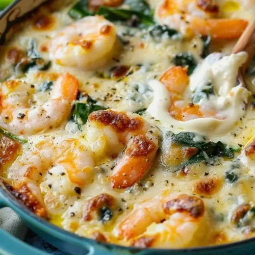 Delicious shrimp and spinach cream bake served in a baking dish