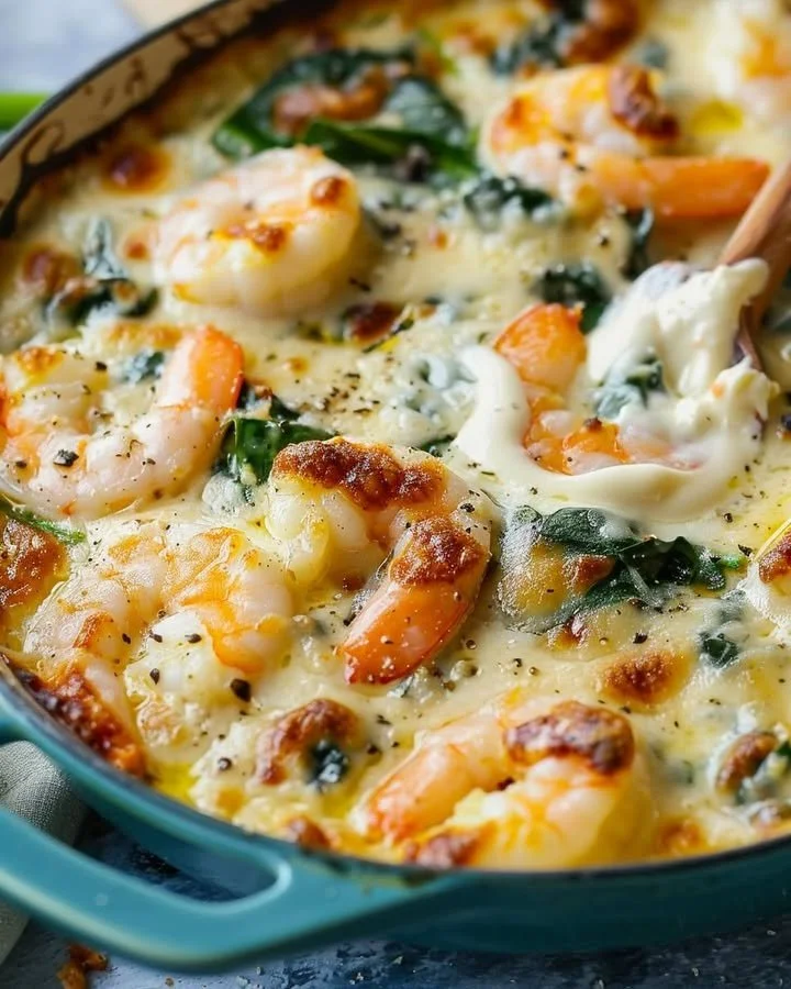 Delicious shrimp and spinach cream bake served in a baking dish