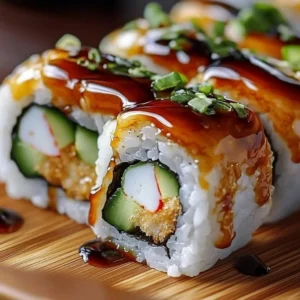 Crispy shrimp tempura roll served with soy sauce and wasabi on a plate.