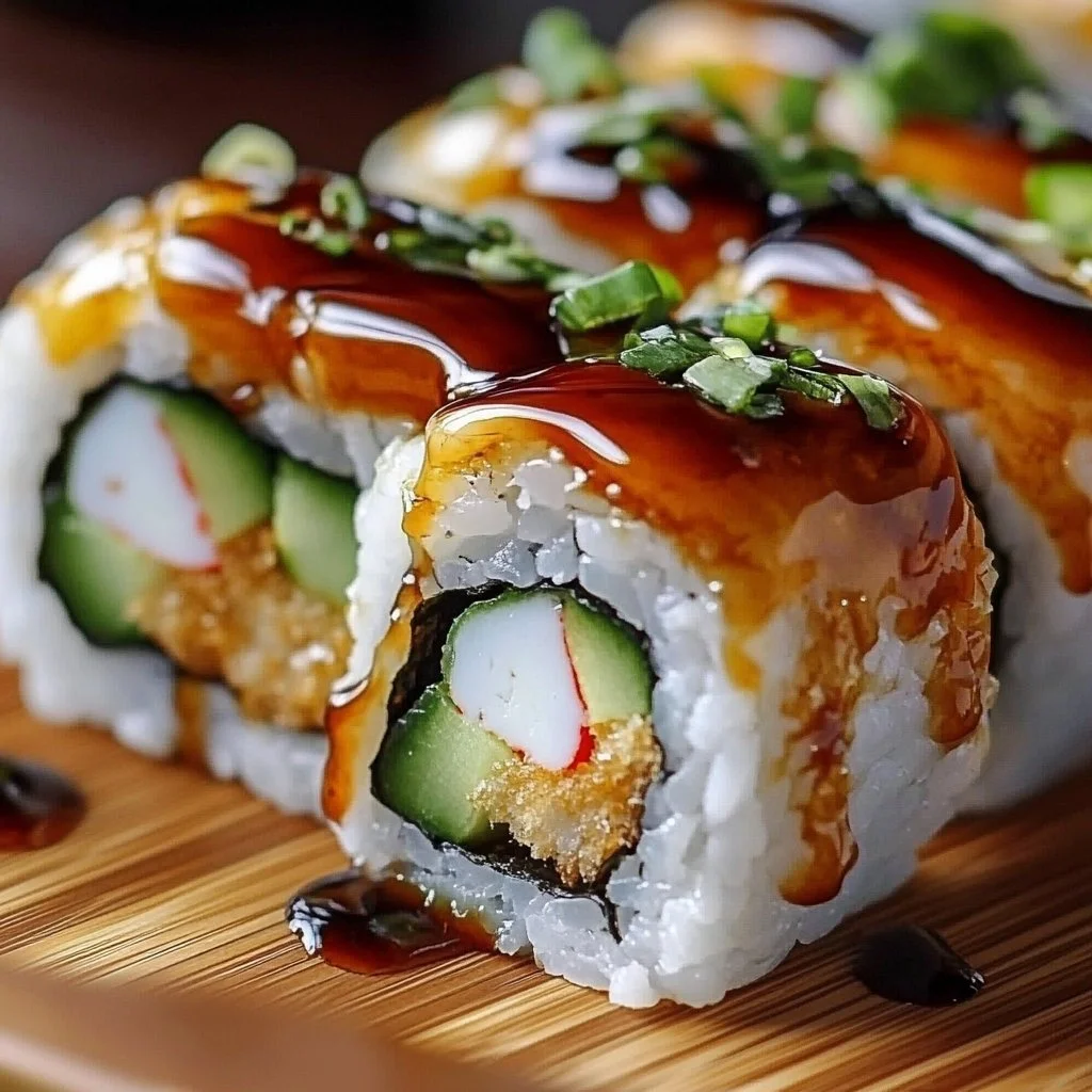 Crispy shrimp tempura roll served with soy sauce and wasabi on a plate.