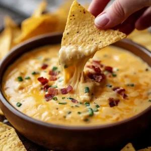 Crockpot cottage cheese queso served in a bowl with tortilla chips.