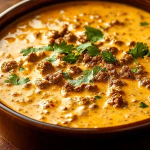 Delicious Simple Ground Beef Cottage Cheese Queso served with tortilla chips.