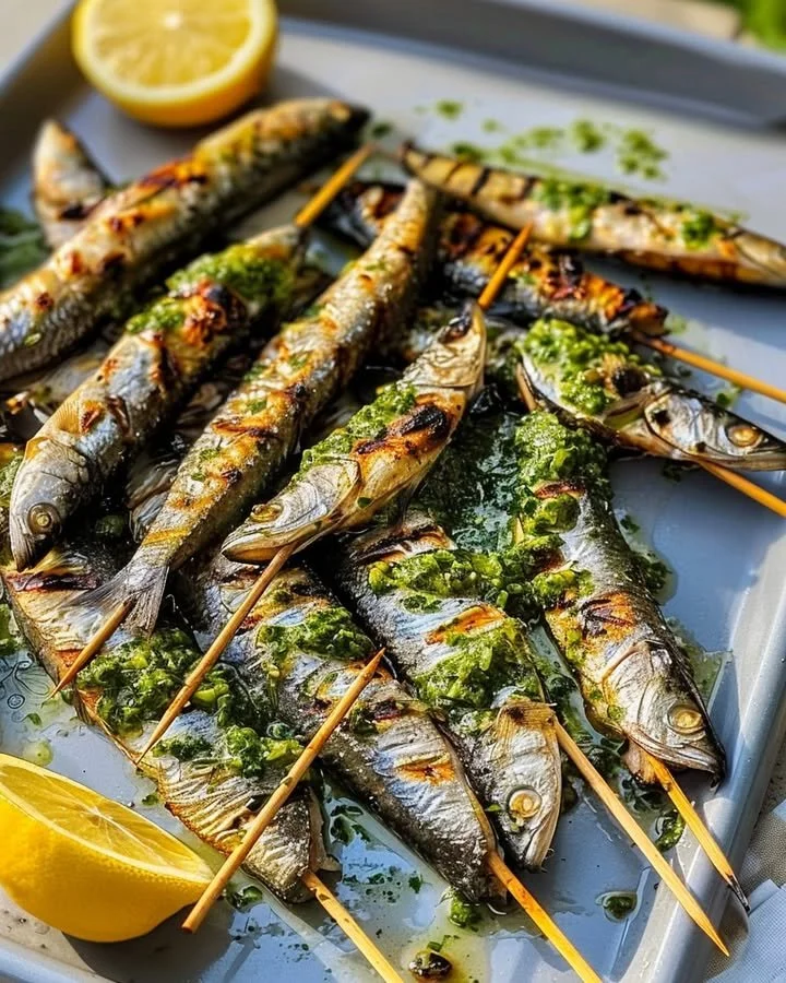 Delicious sizzling sardine skewers served on a grill.
