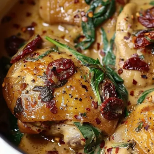 Slow Cooker Tuscan Chicken with herbs, vegetables, and creamy sauce