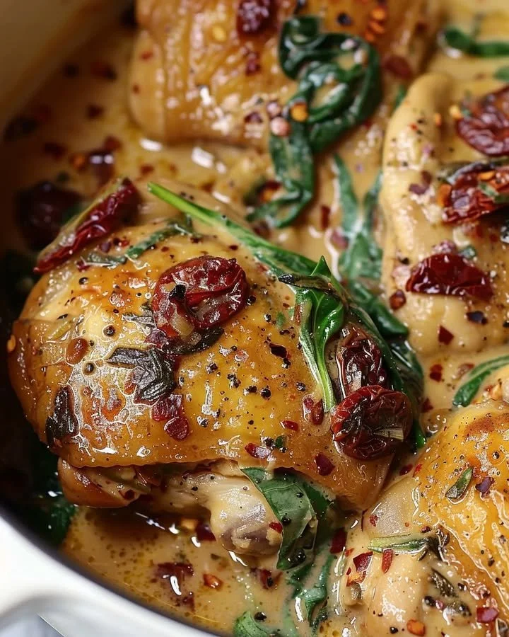 Slow Cooker Tuscan Chicken with herbs, vegetables, and creamy sauce