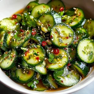 Smashed Asian Cucumber Salad with sesame and chili dressing in a bowl.
