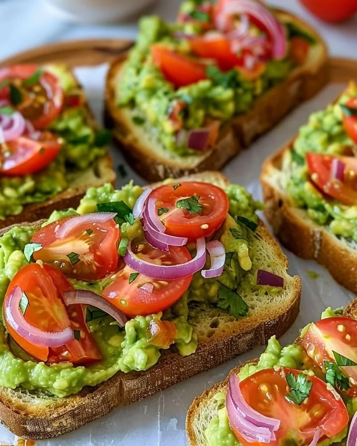 Delicious smashed avocado bruschetta topped with tomatoes and herbs