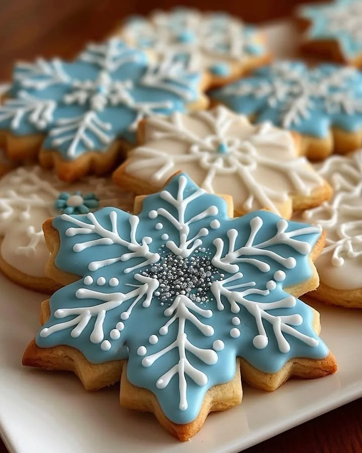 Decorated snowflake sugar cookies for winter festivities
