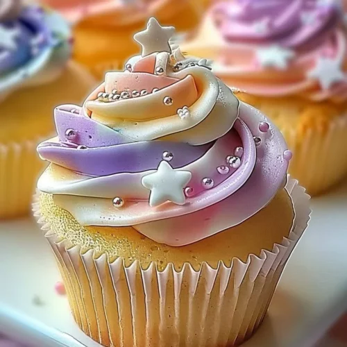 Soft pastel star cupcakes with colorful buttercream frosting on a decorative platter
