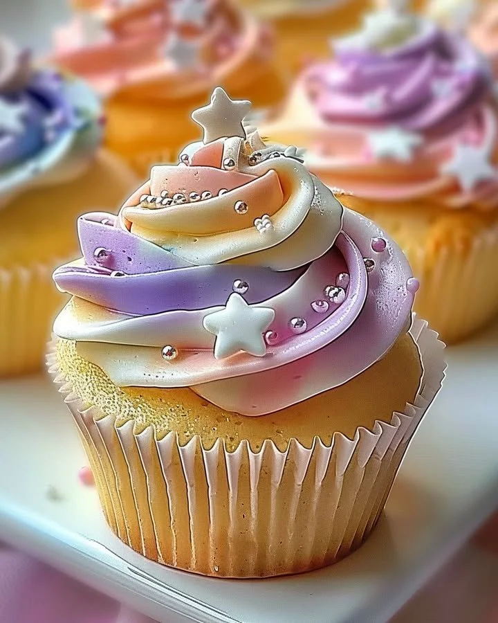 Soft pastel star cupcakes with colorful buttercream frosting on a decorative platter