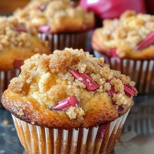 Soft and sweet rhubarb muffins with cinnamon sugar topping on a plate.