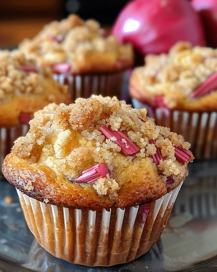 Soft and sweet rhubarb muffins with cinnamon sugar topping on a plate.