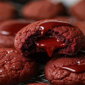 Soft red velvet cookies topped with Nutella on a plate