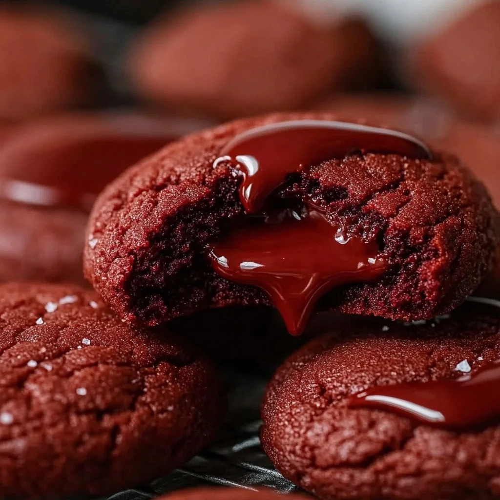 Soft red velvet cookies topped with Nutella on a plate