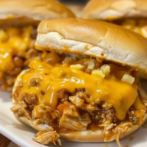 Spicy Cajun Chicken Sloppy Joes with cheesy topping on a plate