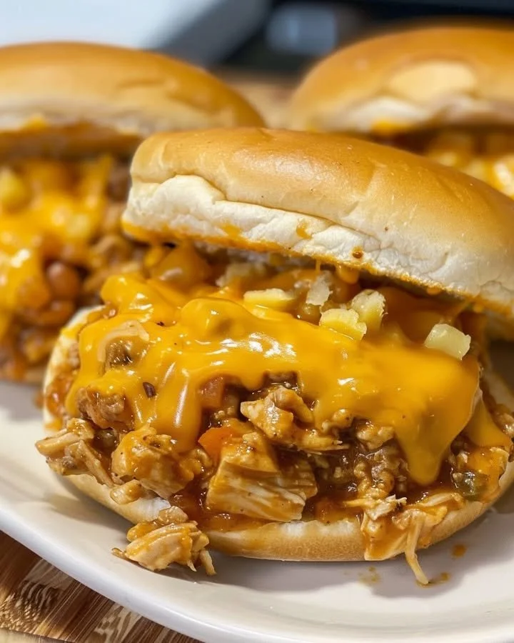 Spicy Cajun Chicken Sloppy Joes with cheesy topping on a plate