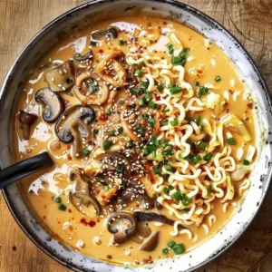 Bowl of Spicy Coconut Curry Ramen with fresh vegetables and herbs