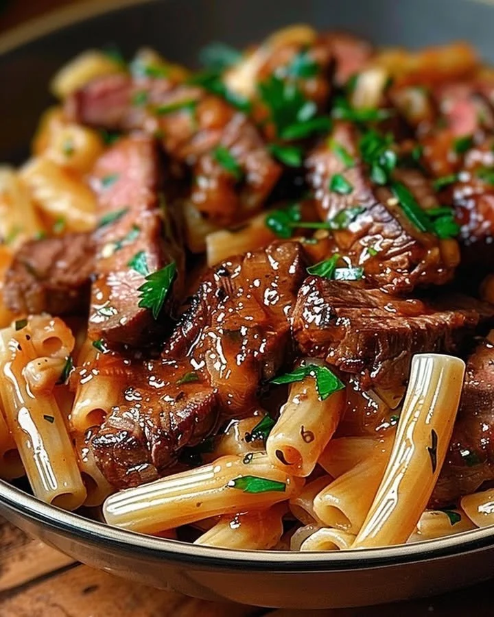 Spicy honey BBQ steak pasta dish served in a skillet