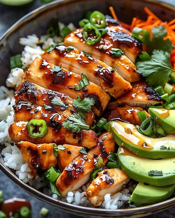 Spicy Honey Ginger Chicken Bowls with vibrant vegetables and rice