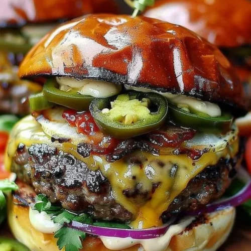 Spicy jalapeño burger with pepper jack cheese and fresh toppings