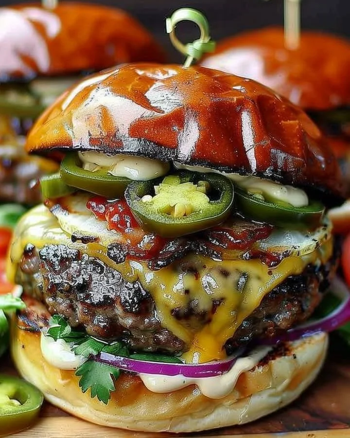 Spicy jalapeño burger with pepper jack cheese and fresh toppings