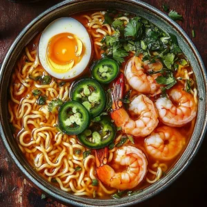 Spicy jalapeño cheddar sausage and shrimp ramen in a bowl