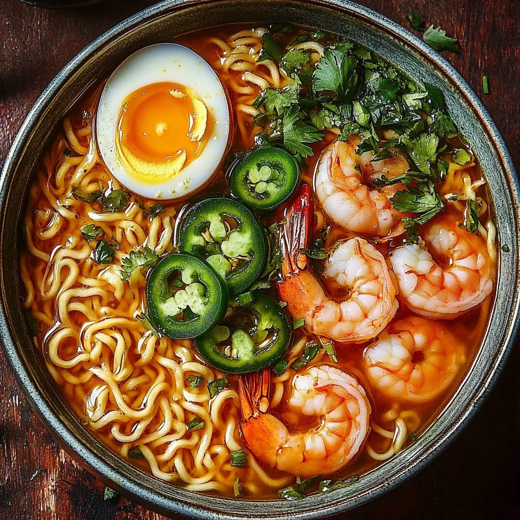 Spicy jalapeño cheddar sausage and shrimp ramen in a bowl