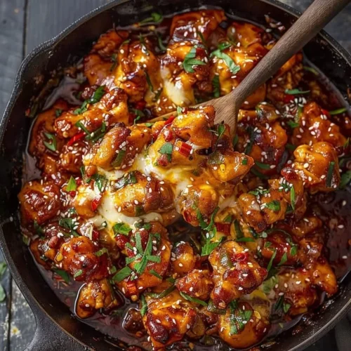 Spicy Korean chicken with cheesy topping served on a plate.