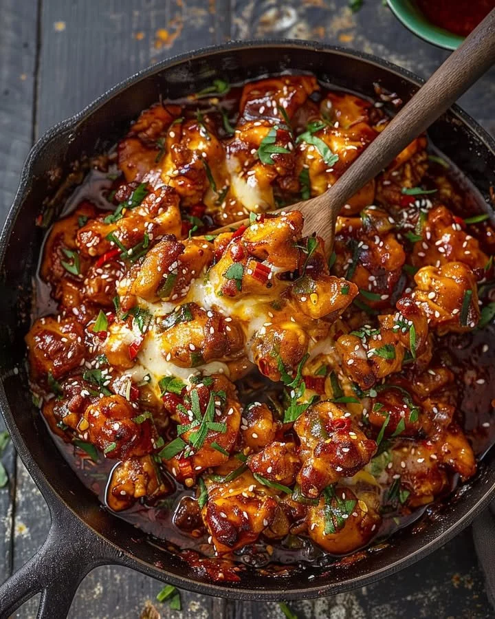 Spicy Korean chicken with cheesy topping served on a plate.