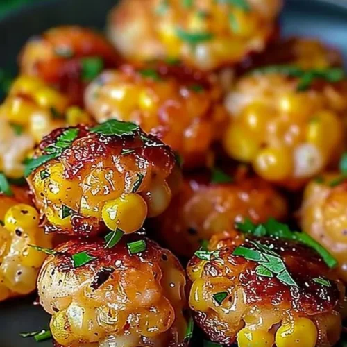 Plate of spicy Mexican corn bites garnished with fresh cilantro and lime.