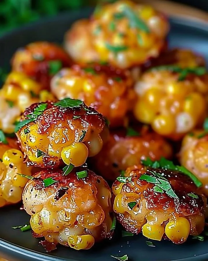 Plate of spicy Mexican corn bites garnished with fresh cilantro and lime.