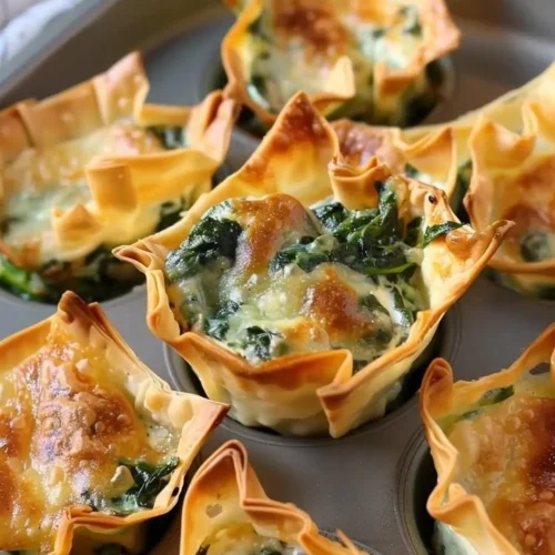 Baked spinach and artichoke wonton cups served on a platter