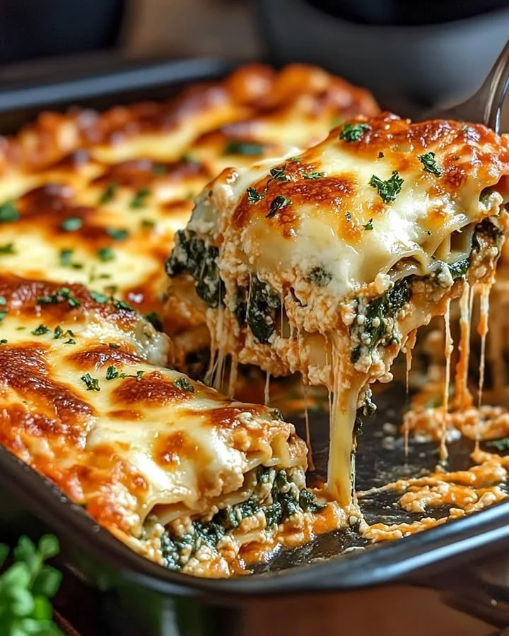 Delicious spinach lasagna layered with ricotta and three cheeses