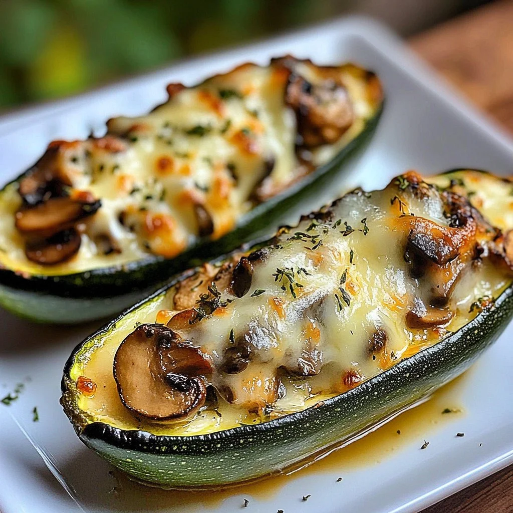 Spinach, mushroom, and ricotta stuffed zucchini prepared on a plate