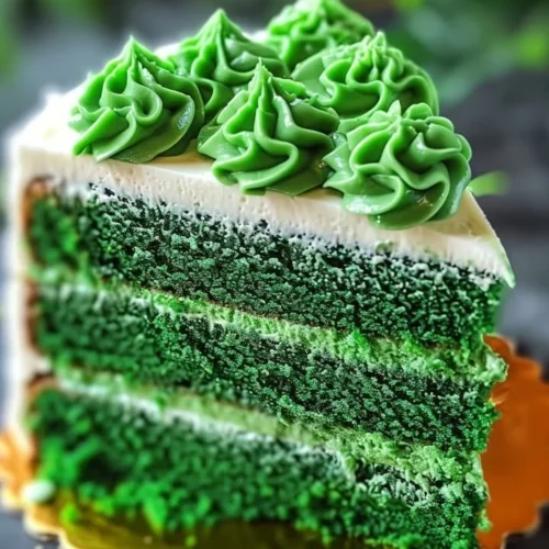 St. Patrick's Day green velvet cake topped with cream cheese frosting.