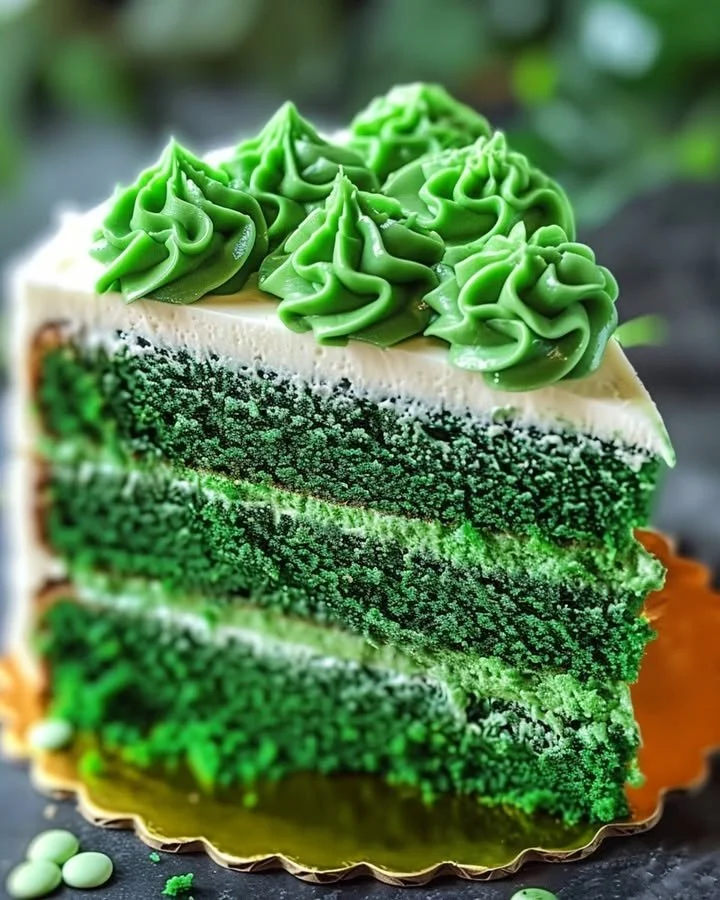 St. Patrick's Day green velvet cake topped with cream cheese frosting.