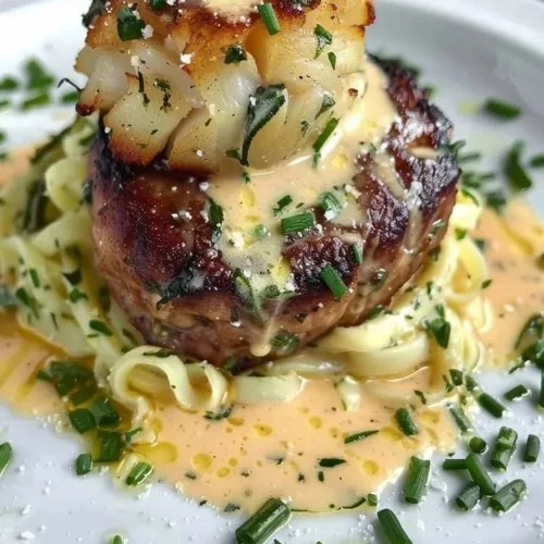 Steak and crab cake served with lemon-garlic sauce on a plate