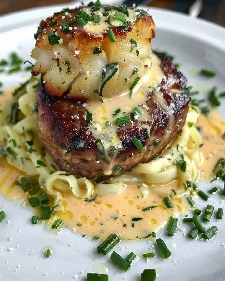Steak and crab cake served with lemon-garlic sauce on a plate